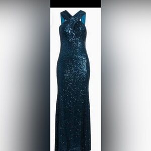 NWT Eliza J Blue Sequin Halter Maxi Gown